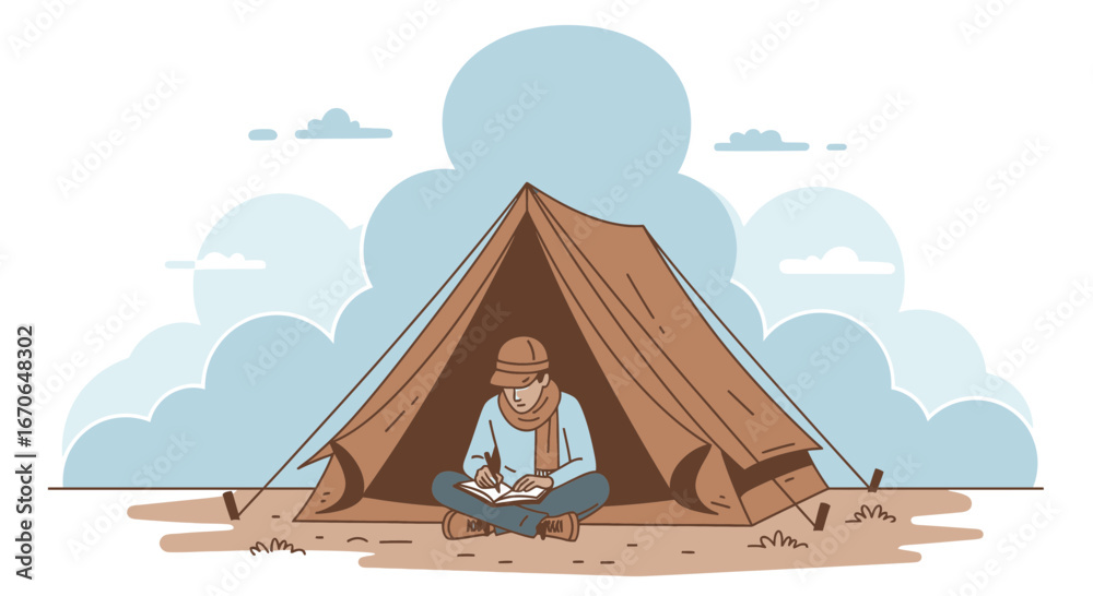 Fototapeta premium Young Adult Writing Journal Sitting in Camping Tent Under Blue Sky Illustration