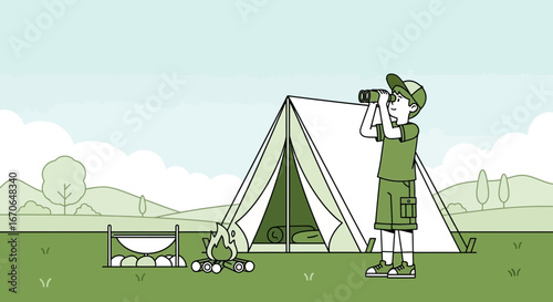 Young Adventurer Exploring Wilderness On A Camping Trip With Binoculars