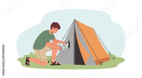 Young Adventurer Repairs His Camping Tent Using Duct Tape In The Outdoors