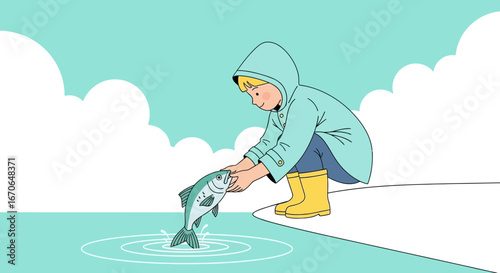 Young Angler Holding a Freshly Caught Fish on a Cloudy Day by the Lake