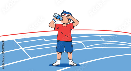 Young Athlete Hydrating During Track And Field Event On A Sunny Day Illustration