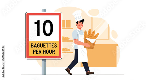 Young Baker Delivering Freshly Baked Baguettes In Restaurant Vector Illustration