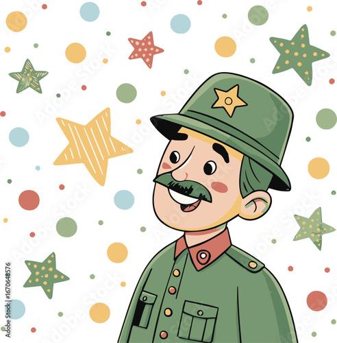 Cartoon style smiling man with mustache silhouette