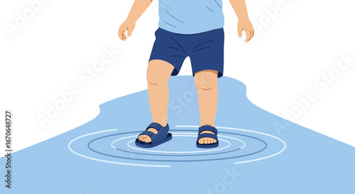 Young Boy Exploring Water Puddle on a Sunny Day Creating Ripples Illustration