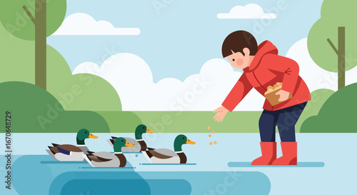 Young Boy Feeding Ducks By the Lakeside on a Sunny Day in Autumn