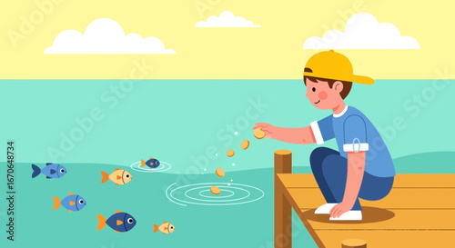 Young Boy Feeds Colorful Fish From a Wooden Pier Cartoon Illustration