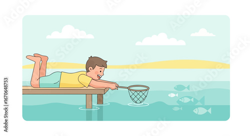 Young Boy Fishing with a Net on a Wooden Pier Enjoying Summer Fun