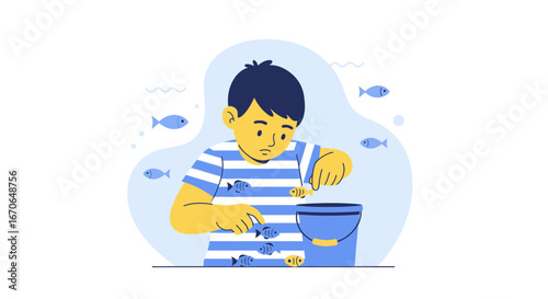 Young Boy Fishing with Bucket Vector Illustration for Children's Book Design