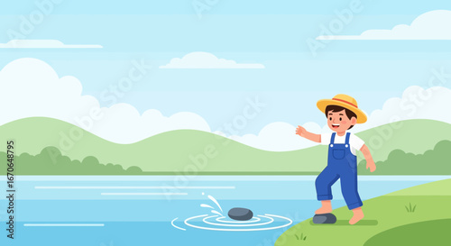 Young Boy Having Fun Throwing Rocks Into A Calm Lake On Summer Vacation