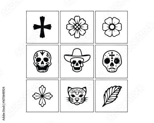 Dia de los Muertos icons including sugar skulls flowers and a cat on white background Keywords: Dia de los Muertos