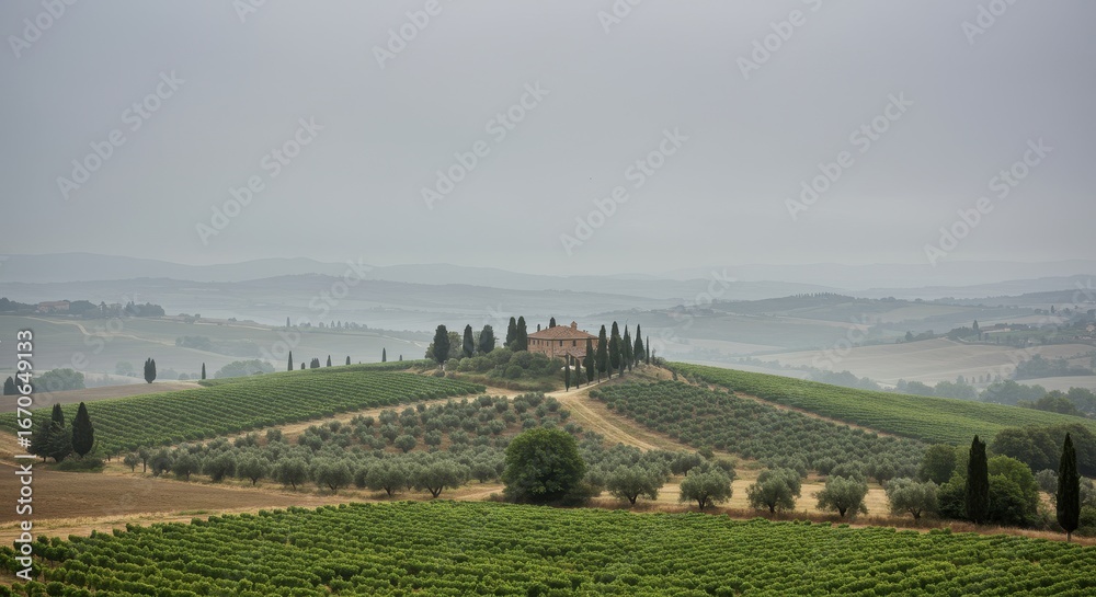 Naklejka premium A panoramic view of a Tuscan vineyard in autumn with green fields, rolling hills, and a dramatic sky