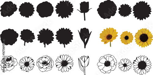 Collection of black and white floral silhouettes and yellow sunflowers