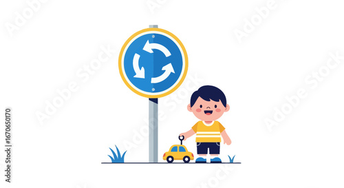 Young Boy Playing With His Toy Car Next to a Roundabout Road Sign