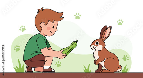 Young Boy Offering Zucchini to Rabbit in Garden Vector Illustration