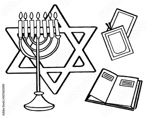 Jewish holiday symbols including Star of David menorah and open prayer book