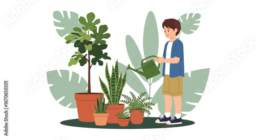 Young Boy Taking Care Of Home Plants Watering Them With A Watering Can