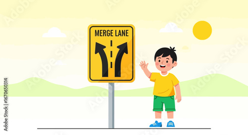 Young Boy Waving Beside a Merge Lane Sign Illustration For Traffic Awareness