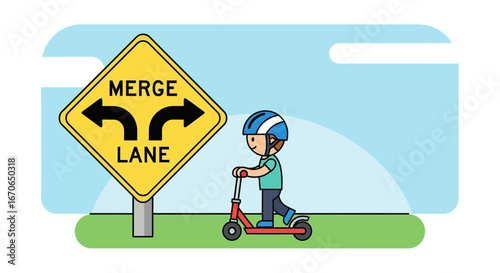 Young child learning road safety rules using a scooter near a merge lane sign