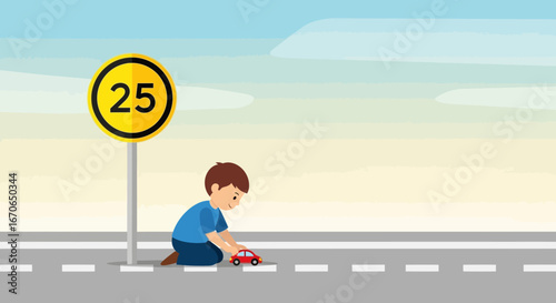 Young Child Plays With a Toy Car Near a Speed Limit Sign At Street