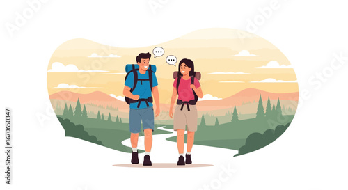 Young Couple Enjoying a Scenic Hike and Animated Conversation Outdoors