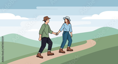 Young Couple Enjoying A Scenic Hike Together In The Countryside Landscape