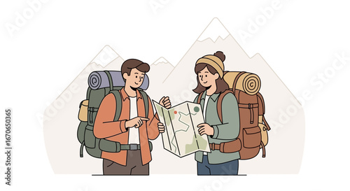 Young Couple Hiking Together Looking At a Map On Mountain Vacation Trip