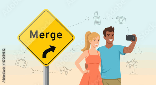 Young Couple Merging Lives Taking Travel Selfie Next To A Merge Sign