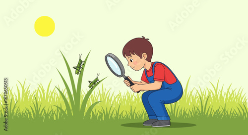 Young Explorer Discovering Nature Examining Grasshoppers With Magnifying Glass Illustration