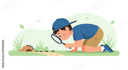 Young explorer discovers the fascinating world of ants through a magnifying glass