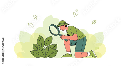 Young Explorer Discovers the Wonders of Nature Through Magnifying Glass Illustration