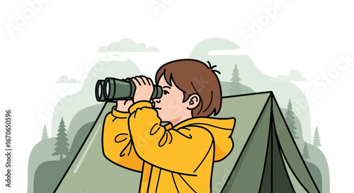 Young Explorer Gazing Through Binoculars From Tent, Awaits Outdoor Adventures