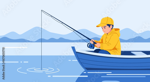 Young Fisherman Casting Line From Boat Peaceful Lake Day Outdoors