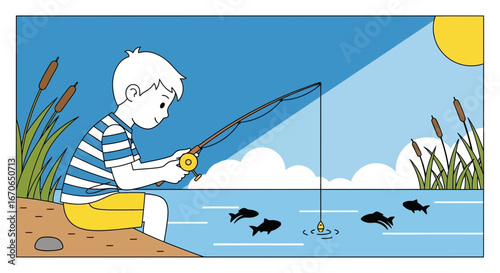 Young Fisherman Concentrated On Catching Fish By The Lake On A Sunny Day