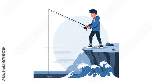 Young Fisherman Holding a Fishing Rod Standing on Cliff at Seashore Vector Illustration