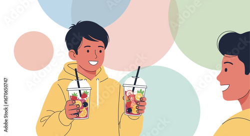Young Friends Enjoying Refreshing Fruit Smoothies Together In A Cheerful Environment