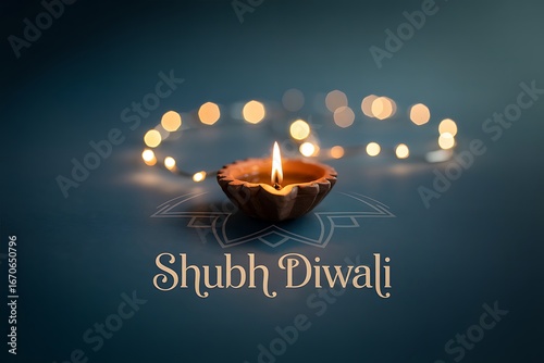 Celebrate Shubh Diwali with this softly lit diya lamp and glowing string lights for a warm, inviting, and festive greeting card or banner
