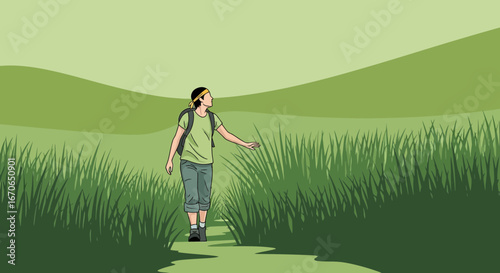Young Hiker Exploring the Vibrant Green Landscape on Summer Adventure Trip