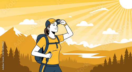 Young Hiker Explores Breathtaking Mountain Vista Seeking New Adventures On Sunny Day