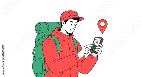 Young Hiker Navigating Adventure With Portable Gps And Large Backpack