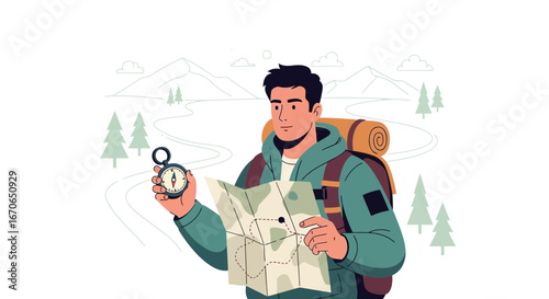 Young Hiker Navigating Wilderness Adventure Using a Map and Compass Concept