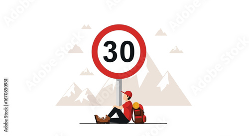 Young Hiker Resting By the Roadside with a Speed Limit Sign On Background
