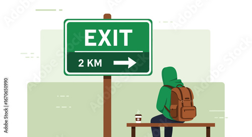 Young Hiker Resting Near Exit Sign Preparing to Embark on the Next Adventure