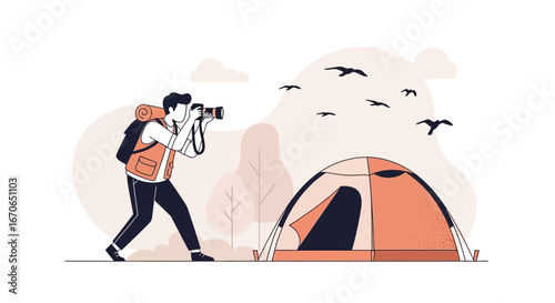 Young Man Capturing Moments in Nature Near His Tent During Adventure Trip