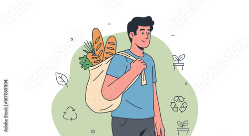 Young Man Carrying Groceries in a Sustainable Bag Promoting an Eco-Friendly Lifestyle