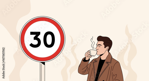 Young Man Drinking Coffee Near A Thirty Speed Limit Sign In City