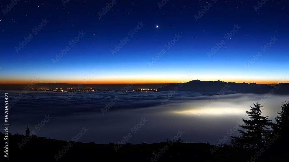 Naklejka premium Stunning Night Sky over Mountain and Sea of Clouds