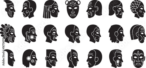 Collection of african tribal masks in various styles and profiles