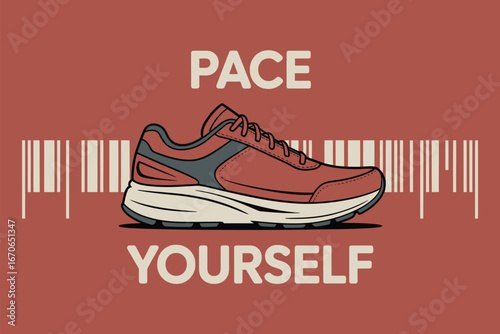 A stylized illustration of a running shoe with pace yourself text and barcode elements on a red background
