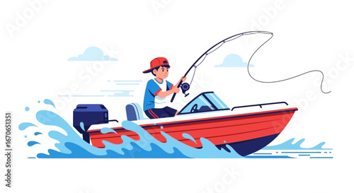 Young Man Enjoying Recreational Fishing Trip On Motorboat Adventure On Sunny Day