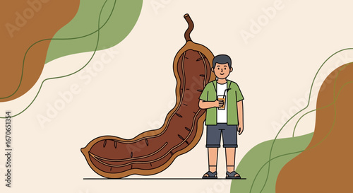 Young Man Enjoying Refreshing Tamarind Juice Next To Huge Tamarind Pod